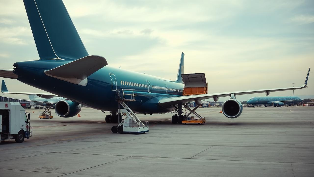 Aeronave de carga sendo carregada em pátio de aeroporto
