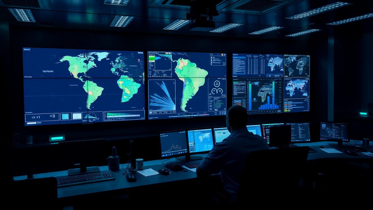 Sala de controle com mapas e telemetria de frota em tempo real